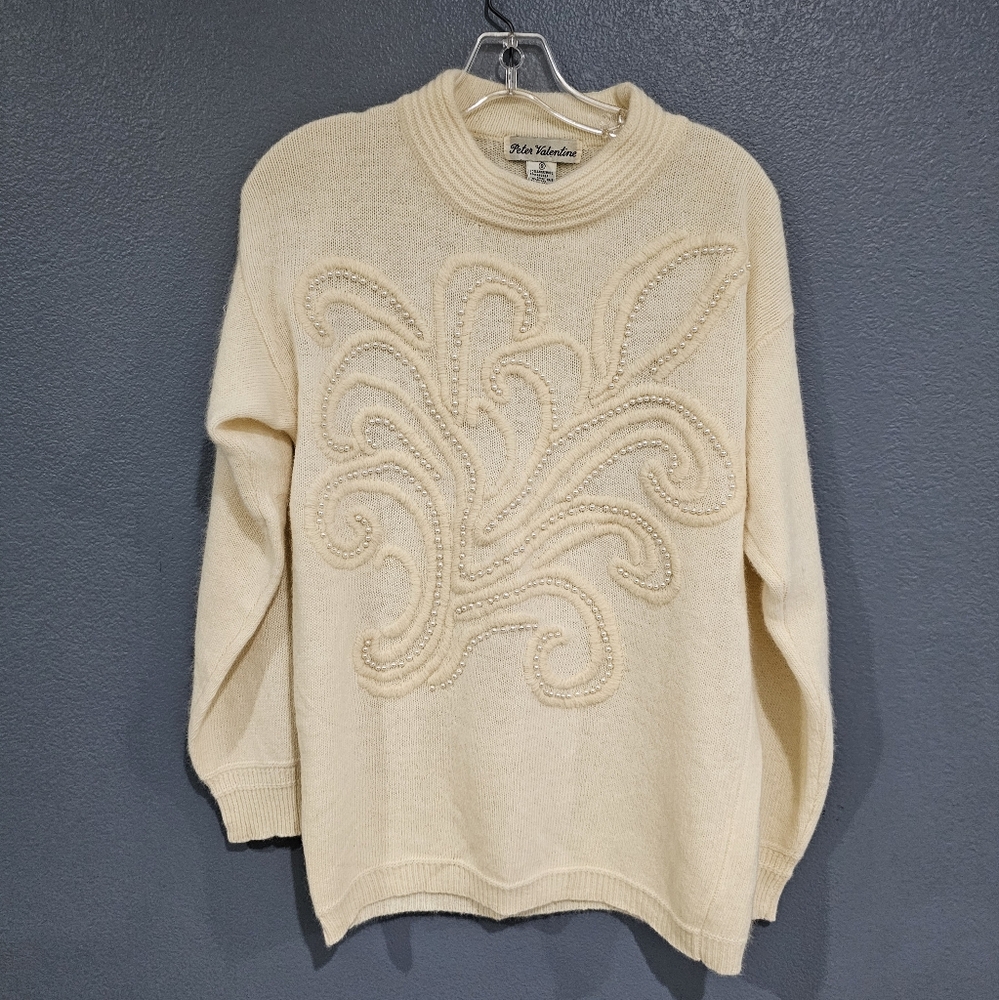 Vtg PETER VALENTINE Lambswool Agora Cream Embroidered Pearls Sweater S